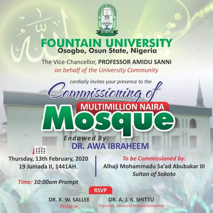 FOUNTAIN UNIVERSITY COMMISSIONING OF MULTI MILLION NAIRA MOSQUE